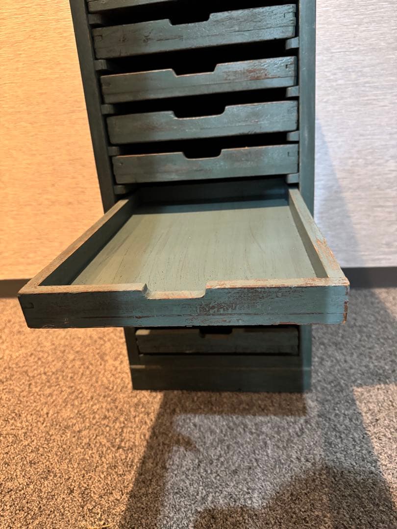 ビンテージ グリーン収納ボックス 木製10段引き出し レターケース 工具棚