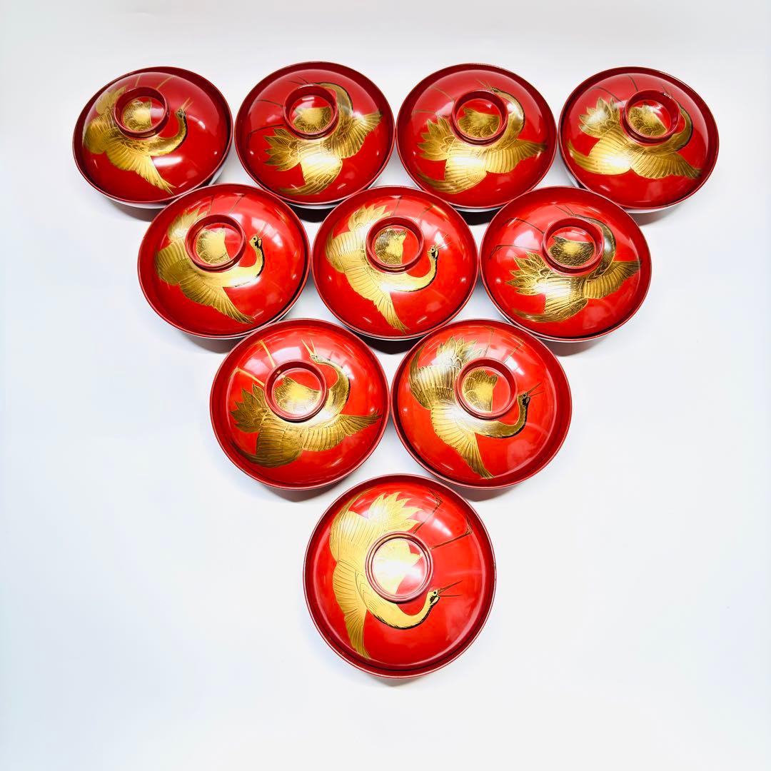 漆器輪島塗　蒔絵金彩細工鶴文　木製　蓋付椀　お煮物椀　吸物椀　10客　骨董品