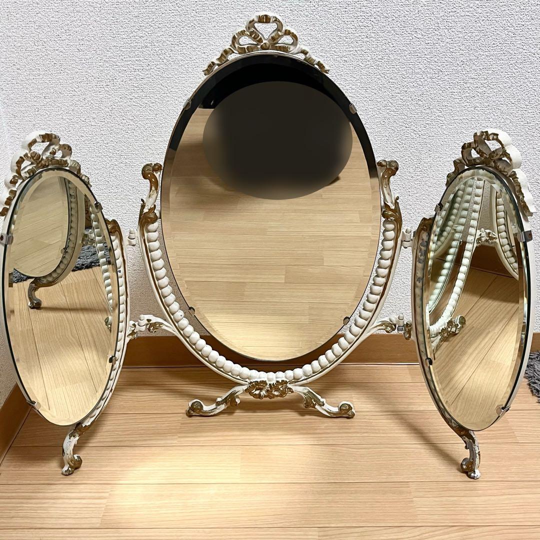 アンティーク　ドレッシングミラー　三面鏡　オーバル　ミラー　ドレッサー　ホワイト