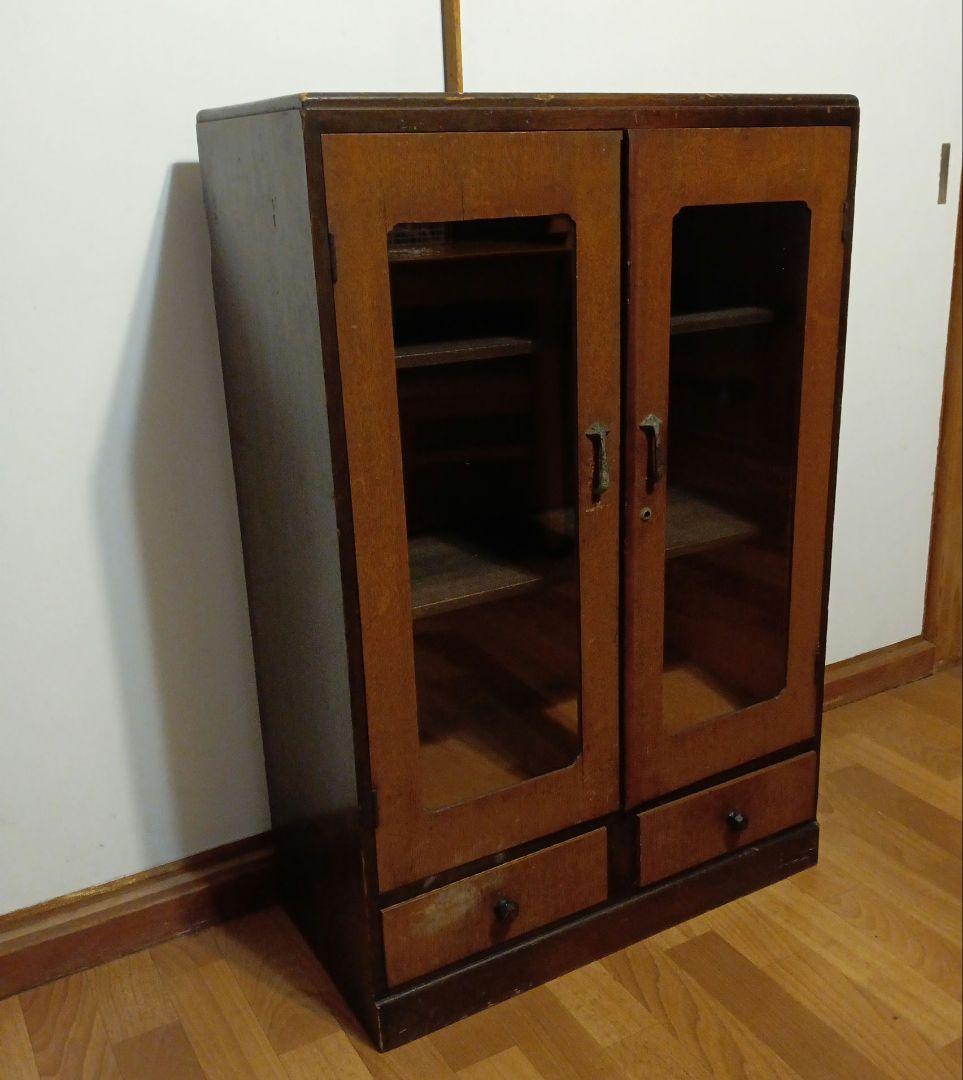 ガラスキャビネット　昭和レトロ　ガラス棚　小引き出し