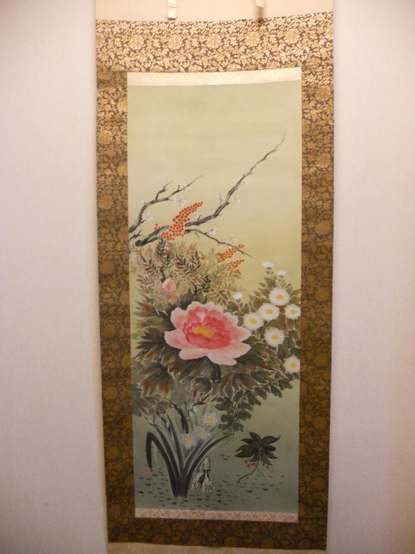 掛け軸 玉鳳 四季花 絹本 希少 軸装 茶道具 掛軸 美品 です。