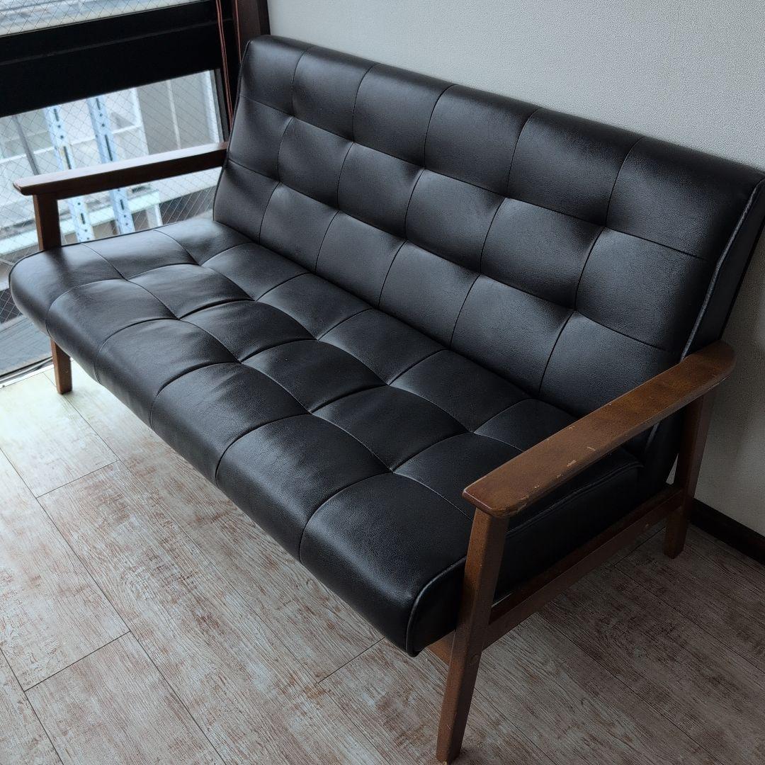 【明日まで割引】カリモクっぽい黒の合成皮革ソファセット