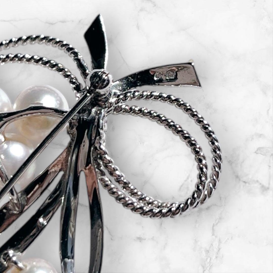 【美品★ケース付】MIKIMOTO パールブローチ リボン シルバー あこや真珠