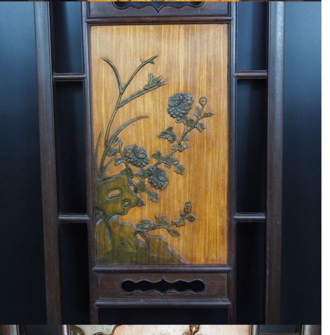 送料無料　清末～民国　唐木紅木鉄刀木　梅蘭竹菊四君子紋彫刻額　94×38ｃｍ