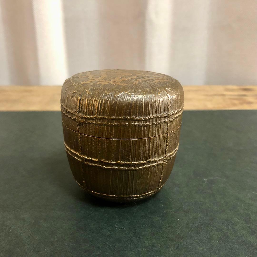 大岡緑作 鵬雲斎好 稲穂絵俵棗 共箱 茶道具 銀地