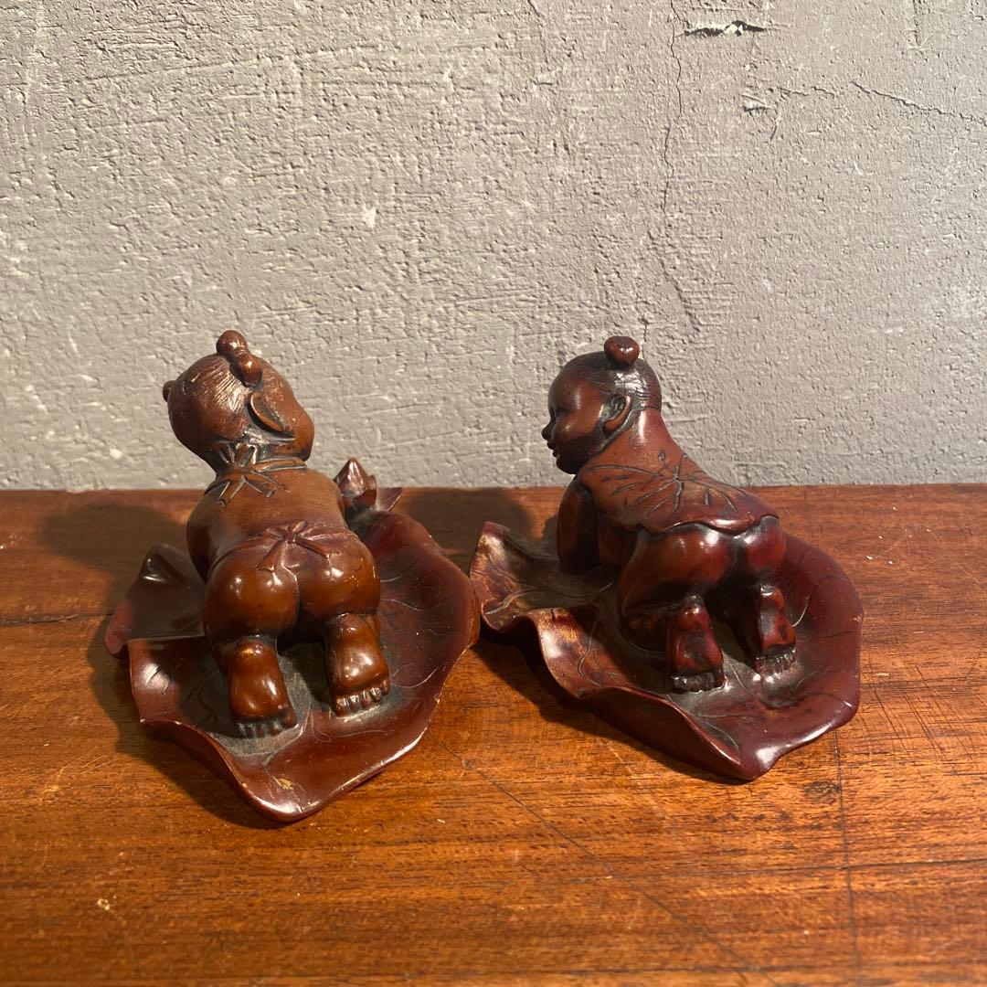 時代物 唐子 置物 蓮の葉 根付け オブジェ 骨董品 コレクション 練り物