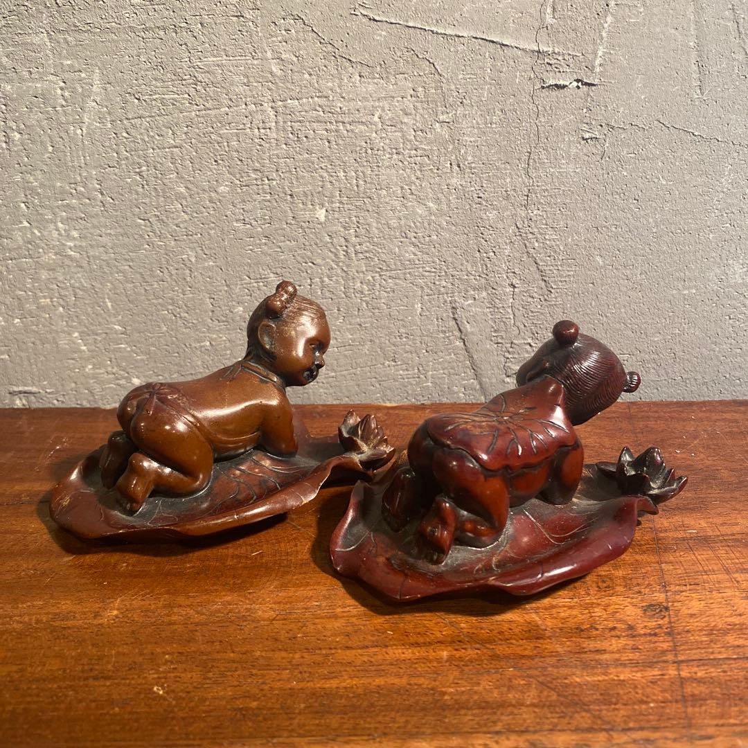 時代物 唐子 置物 蓮の葉 根付け オブジェ 骨董品 コレクション 練り物