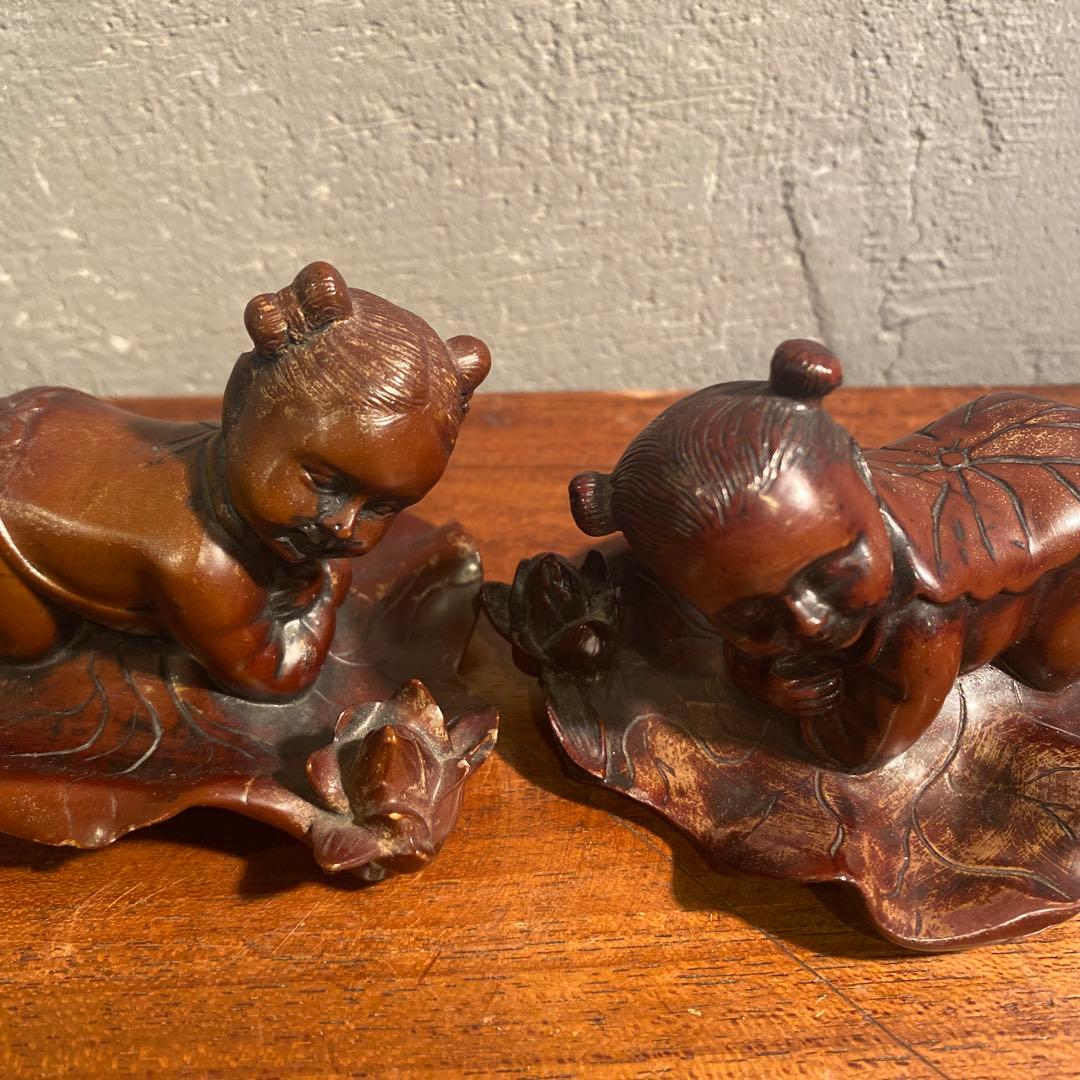 時代物 唐子 置物 蓮の葉 根付け オブジェ 骨董品 コレクション 練り物