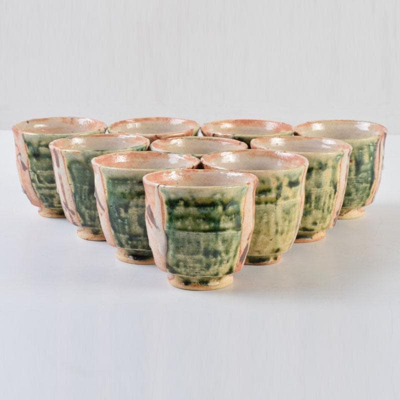 マサオ 煎茶道具　織部焼　煎茶碗　十客　陶印あり　時代箱　V　9069