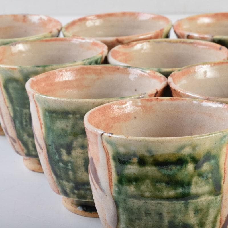 マサオ 煎茶道具　織部焼　煎茶碗　十客　陶印あり　時代箱　V　9069