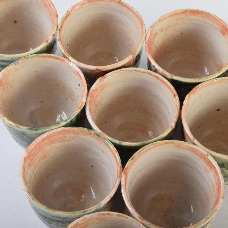 マサオ 煎茶道具　織部焼　煎茶碗　十客　陶印あり　時代箱　V　9069