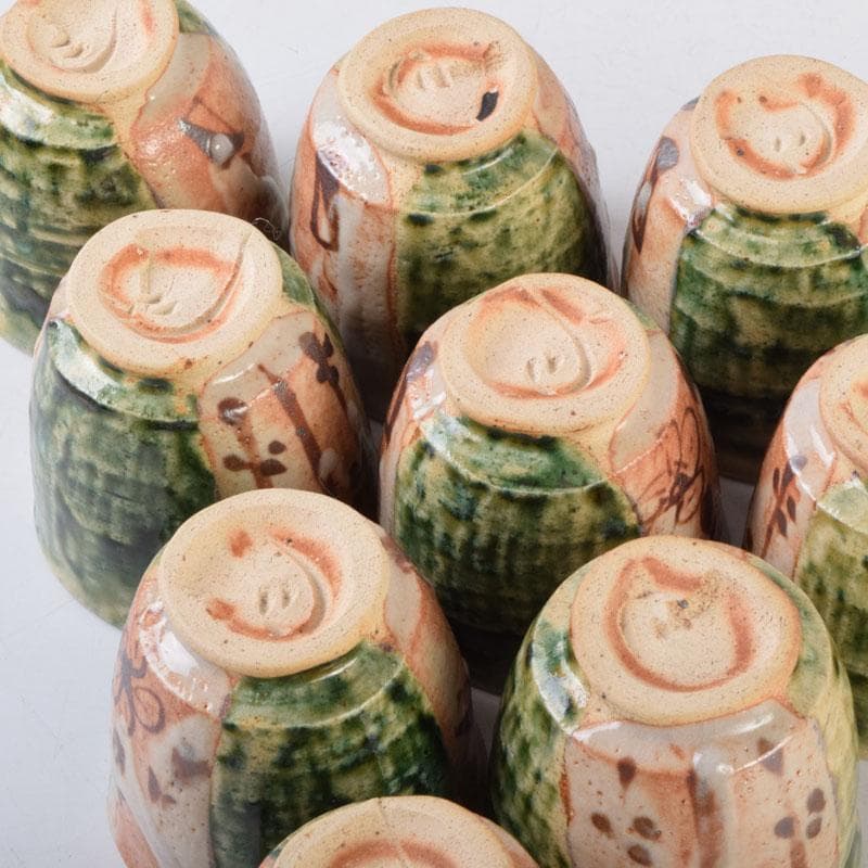 マサオ 煎茶道具　織部焼　煎茶碗　十客　陶印あり　時代箱　V　9069