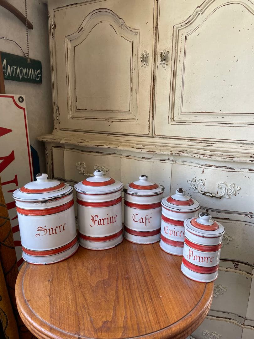 フランス　アンティーク　ホーロー　キャニスター　5個　ホワイト　レッド　ライン