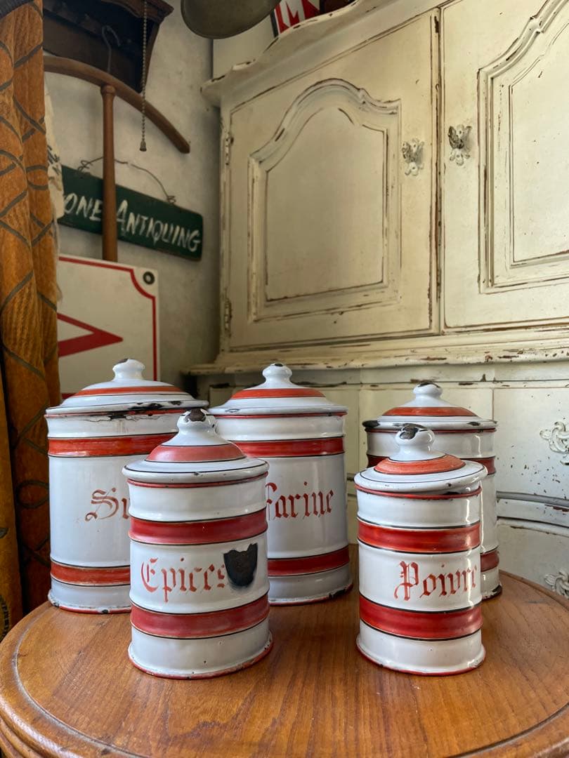 フランス　アンティーク　ホーロー　キャニスター　5個　ホワイト　レッド　ライン