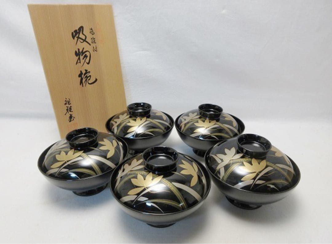 未使用 懐石道具 源伸堂 本漆手塗 天然木製 黒塗 花蒔絵 吸物椀5客 栞 共箱