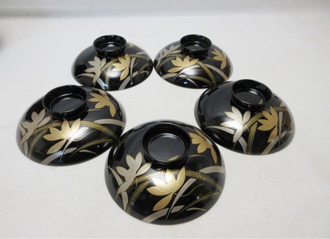 未使用 懐石道具 源伸堂 本漆手塗 天然木製 黒塗 花蒔絵 吸物椀5客 栞 共箱