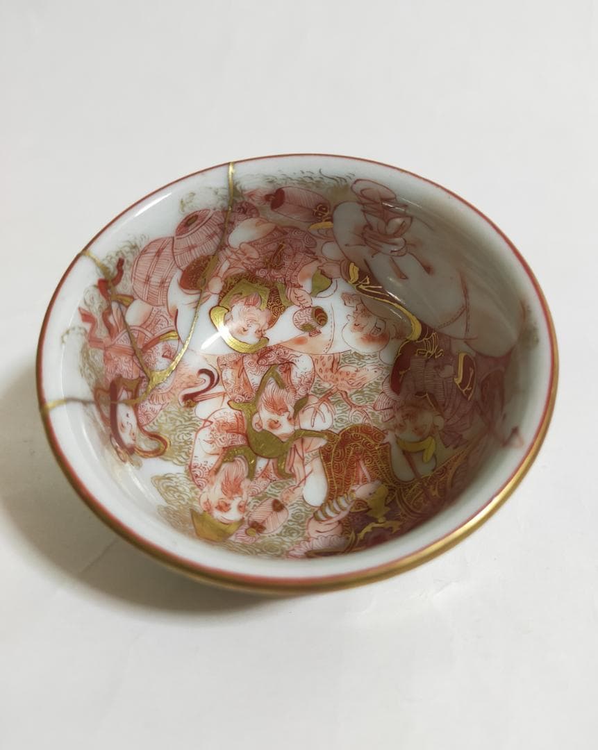 古九谷本金襴赤絵錦七福神極細密絵盃