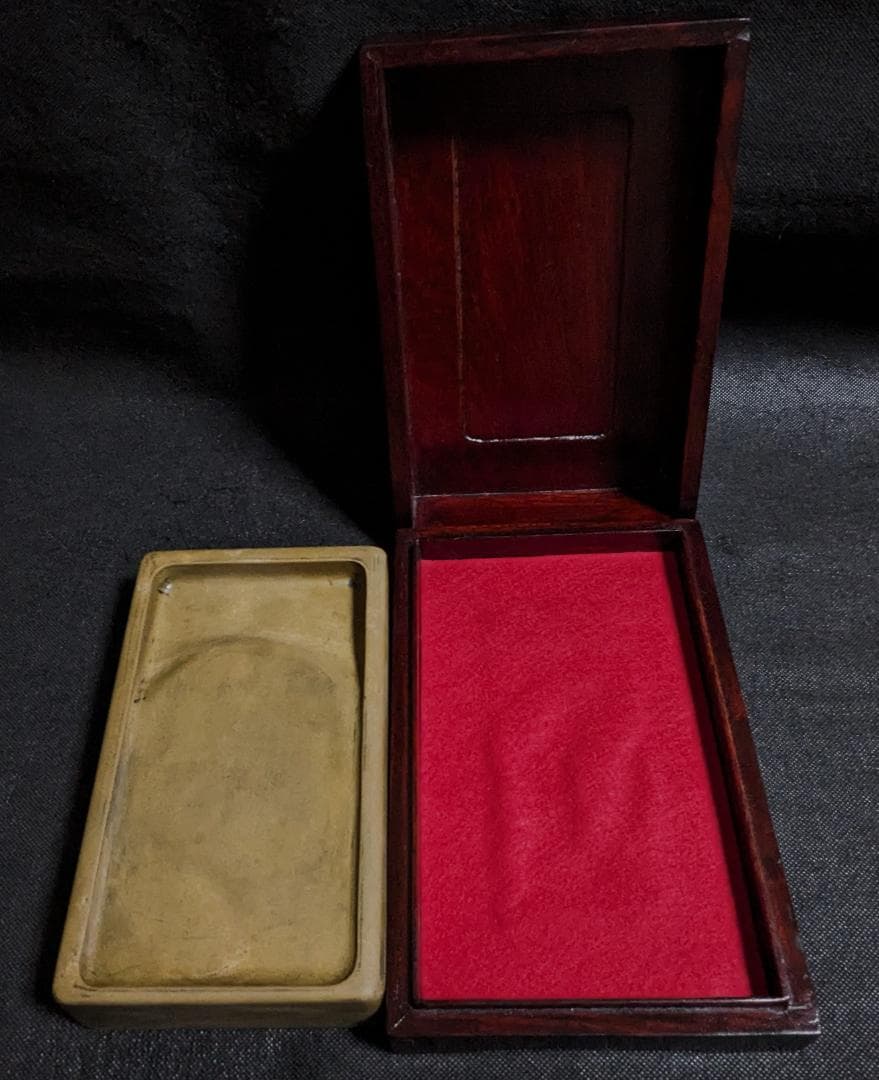 【澄泥硯】◆鱔魚黄の美石◆約八吋長方◆蘇州霊巖山◆唐木箱◆磨墨性優◆検→端渓