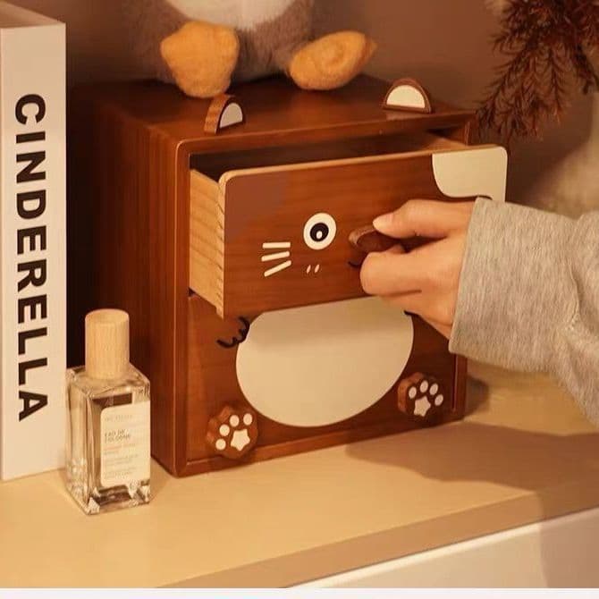 猫の顔デザイン木製収納ボックス