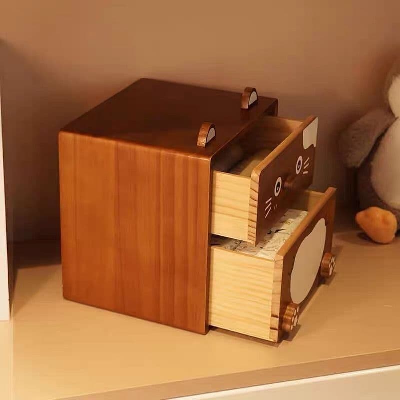 猫の顔デザイン木製収納ボックス