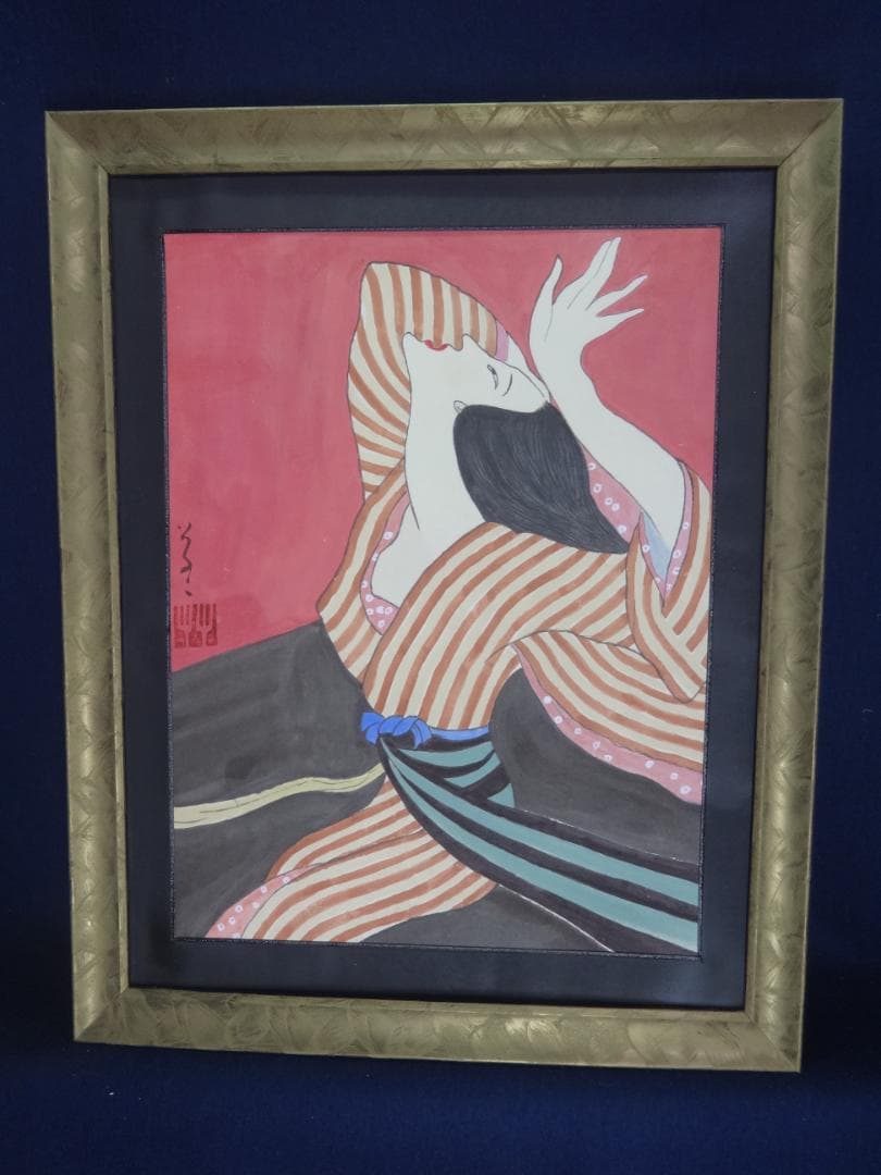 竹久夢二 着物美人 肉筆水彩画・夢二式美人 だらり帯・大正ロマン・ty06g