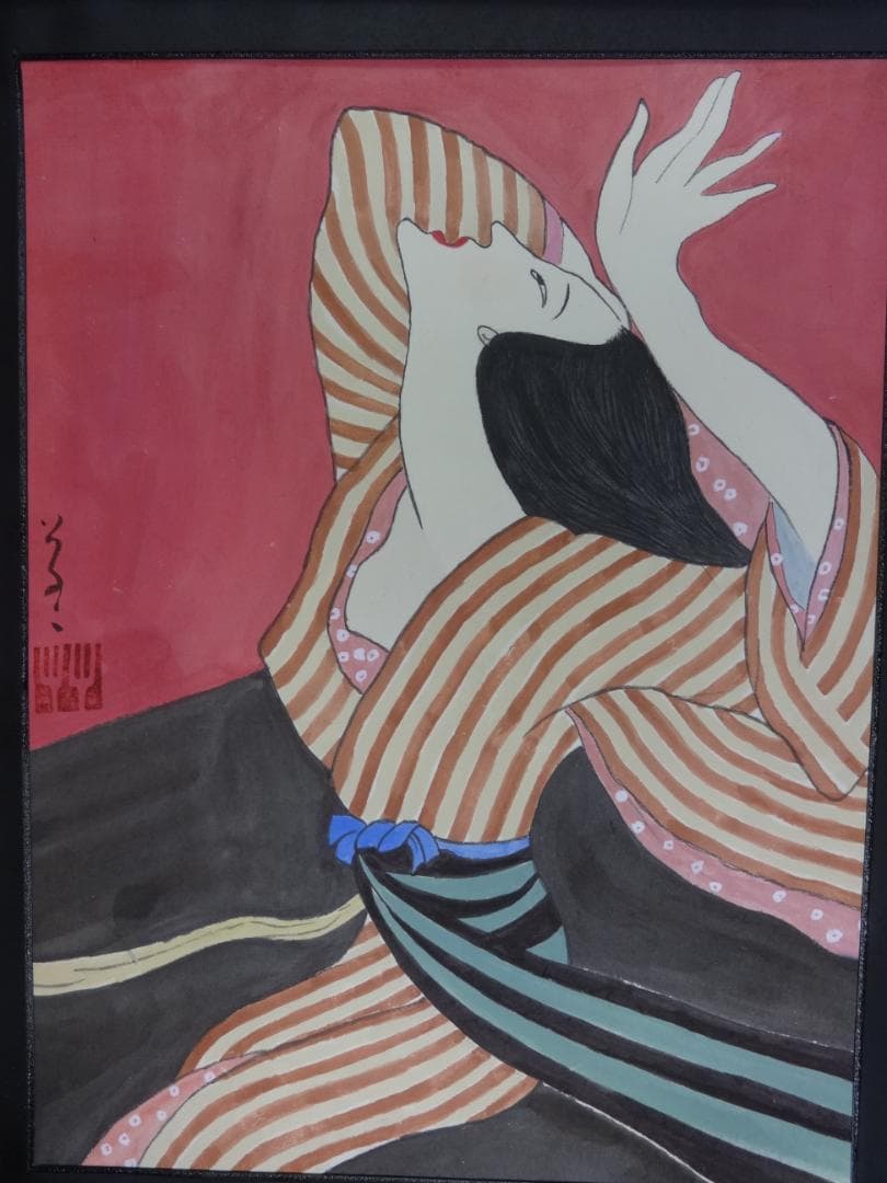 竹久夢二 着物美人 肉筆水彩画・夢二式美人 だらり帯・大正ロマン・ty06g