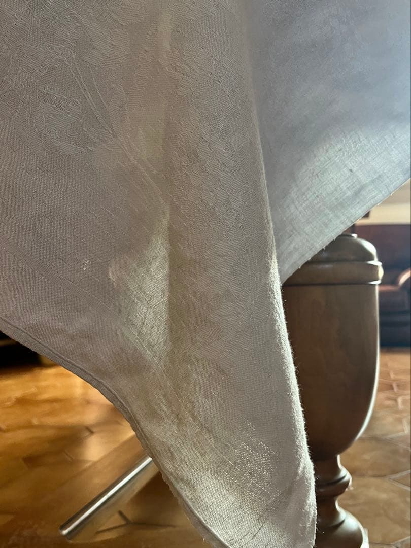 ◆フランスアンティーク｜大判リネン赤イニシャル刺繍テーブルマルチクロスダマスク織