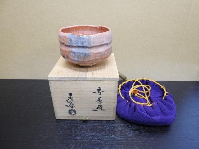 小川長楽　赤茶碗金ツギあり　共箱　MA263