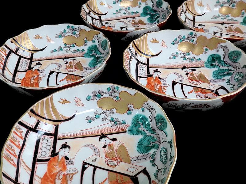 古伊万里　金襴手　唐人美人図　膾皿　５客　615AS-AEy