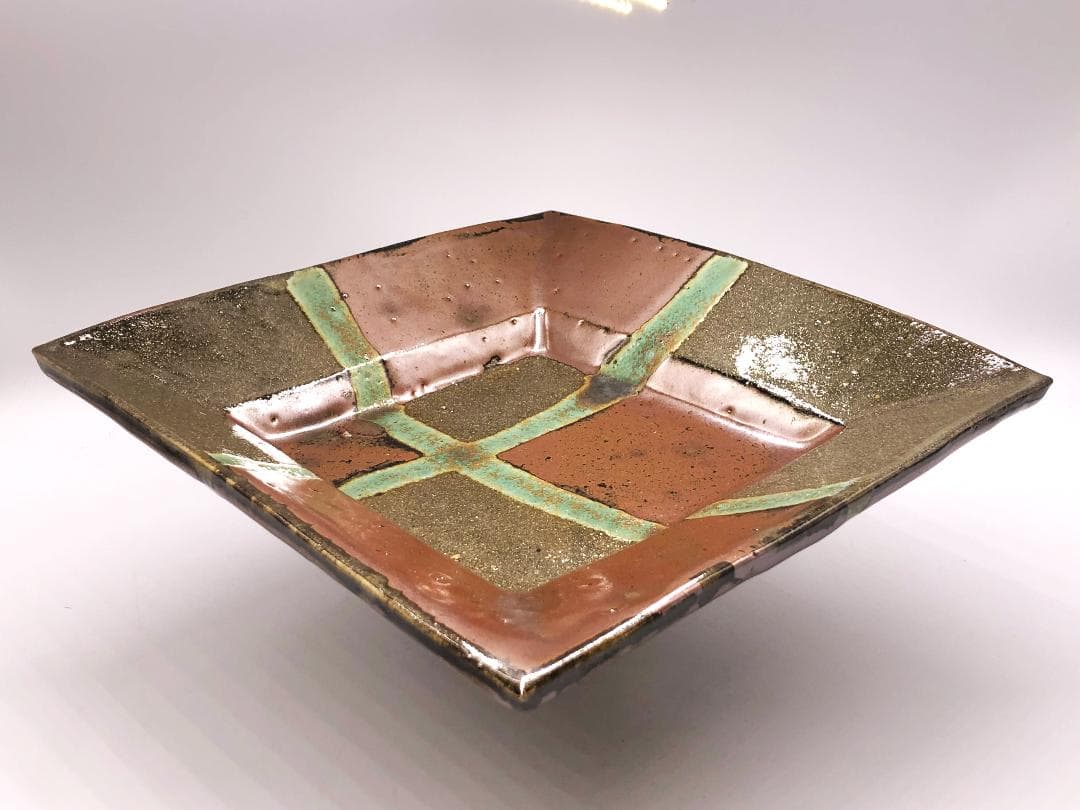 【 人間国宝 浜田庄司 】　柿釉青差角盛皿 40cm本人作　蔵出初品