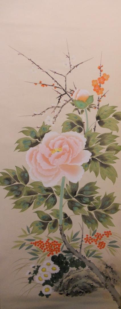 掛け軸 玉苑 四季花 絹本 希少 軸装 茶道具 掛軸 美品 です。