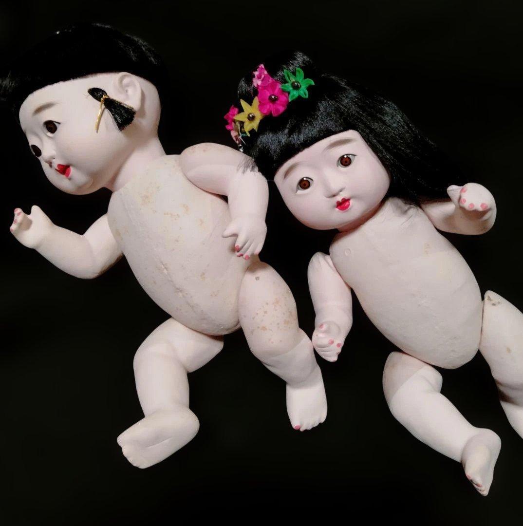 お座り人形　未使用 男女ペア　倉庫保管品　昭和　胡粉入れ目　箱入り