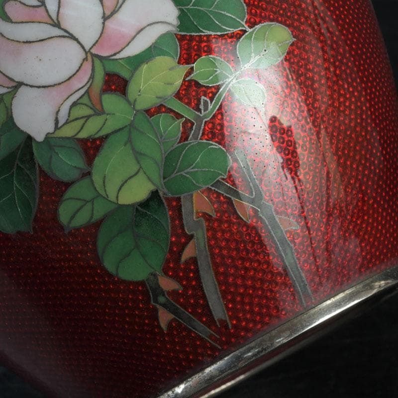 七宝焼　赤透釉　花文　花瓶　V　9604