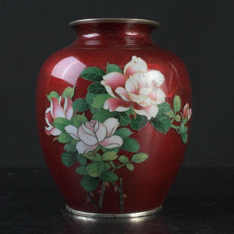 七宝焼　赤透釉　花文　花瓶　V　9604