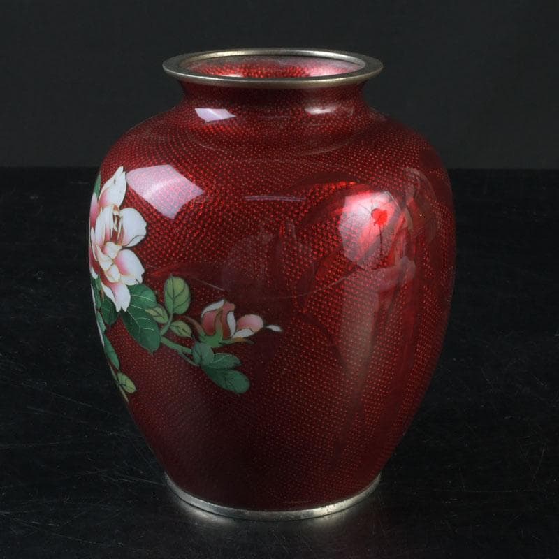 七宝焼　赤透釉　花文　花瓶　V　9604