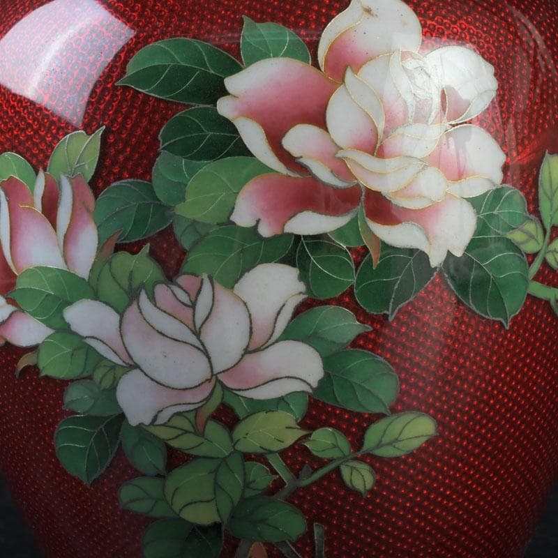 七宝焼　赤透釉　花文　花瓶　V　9604