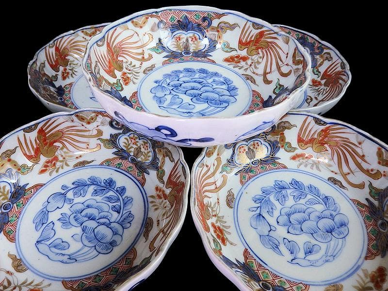 古伊万里　色絵　鳳凰に牡丹の図　膾皿　５客　C380AS-CZf