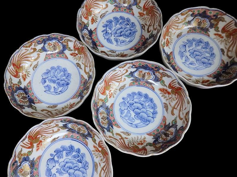 古伊万里　色絵　鳳凰に牡丹の図　膾皿　５客　C380AS-CZf