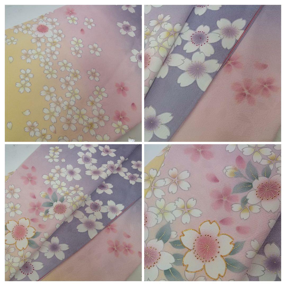 上品華やか】桜流し振袖＊金彩×金駒刺繍／黄×藤紫グラデーション＊パールトーン加工