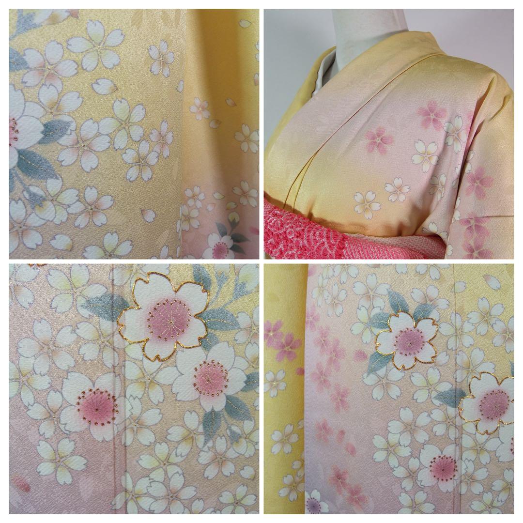上品華やか】桜流し振袖＊金彩×金駒刺繍／黄×藤紫グラデーション＊パールトーン加工