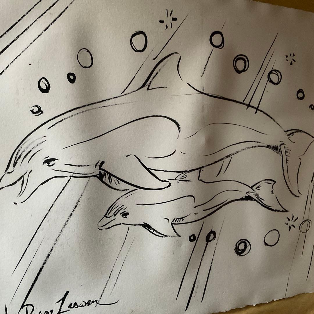 ラッセン 毛筆スケッチ(オリジナル原画)ドローイング　直筆サイン有　イルカの親子