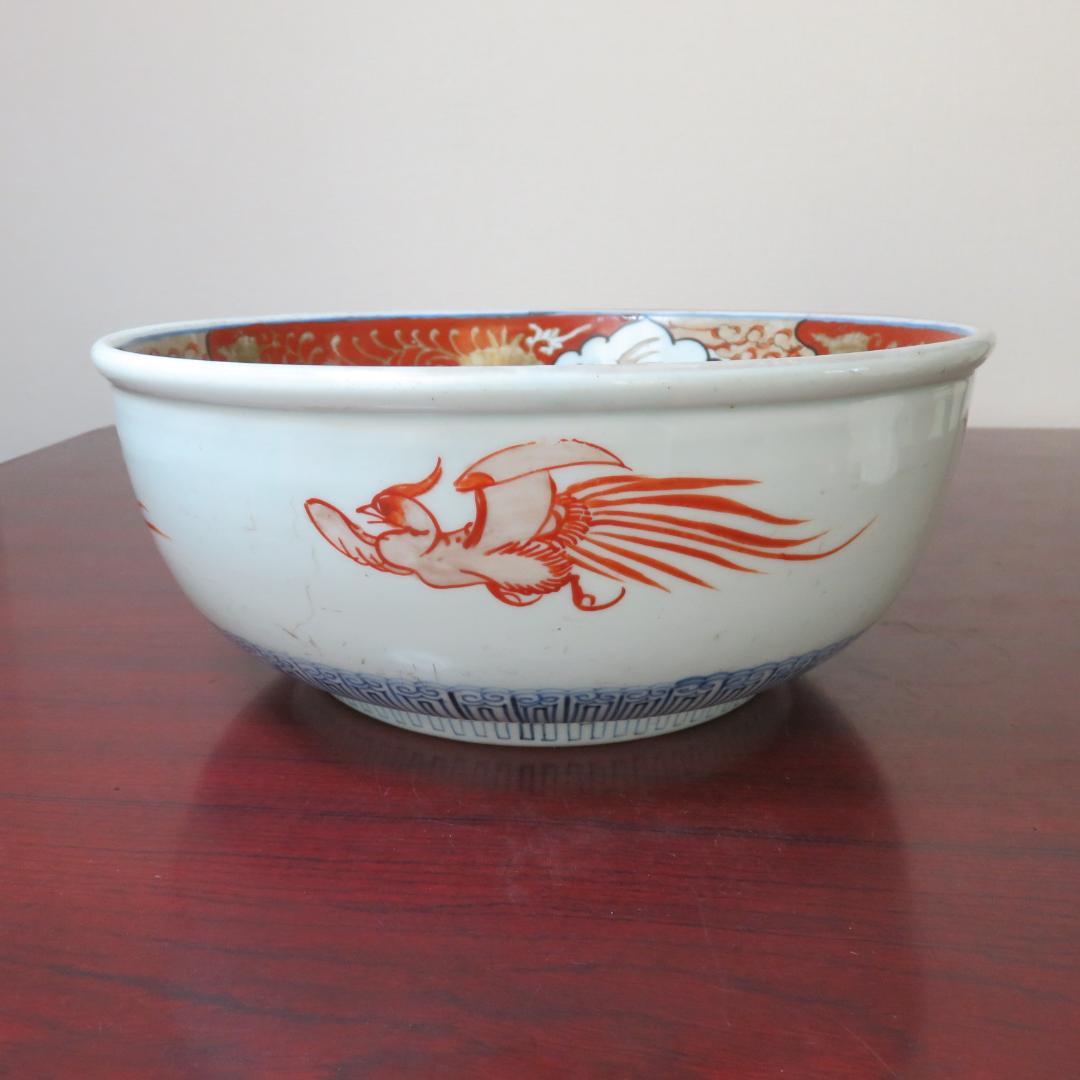 鉢 大鉢 色絵付け 赤絵 明治 大正 蛇の目 鳳凰 草文様