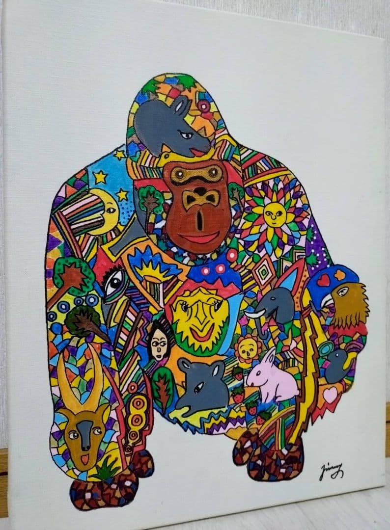 【F6号】ジミー大西【ゴリラ】手描き作品/表裏サイン/油彩/アクリル/絵画/額縁