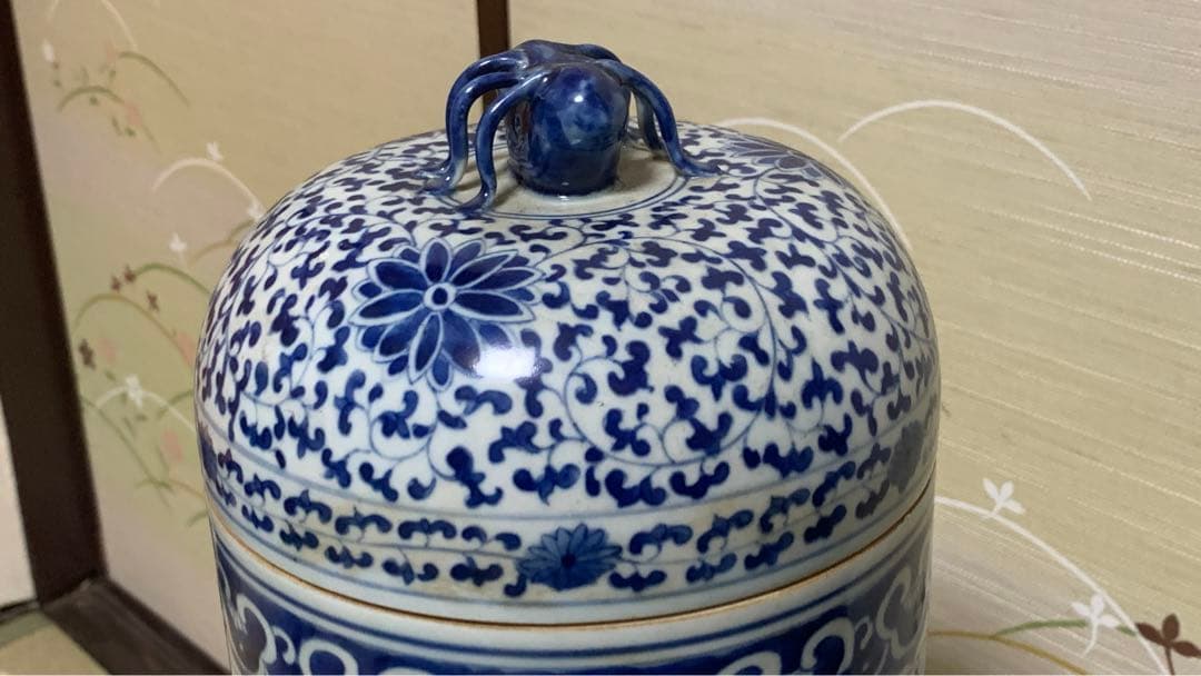 シノワズリ　ビンテージ　染付 青花　在銘　山水大壷　花瓶　大甕　オリジナル蓋付き