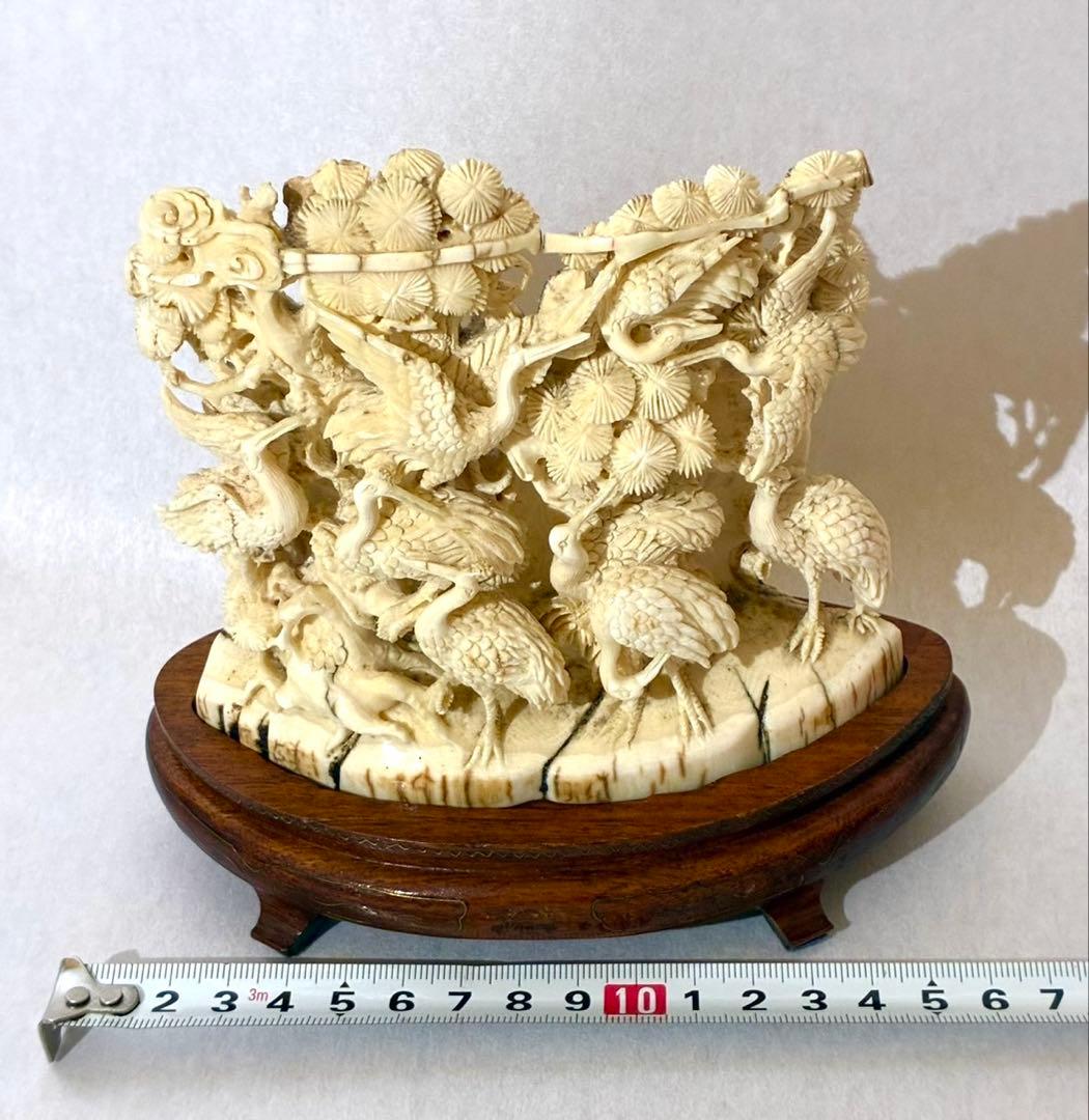 マンモス牙彫刻　細密彫刻鶴