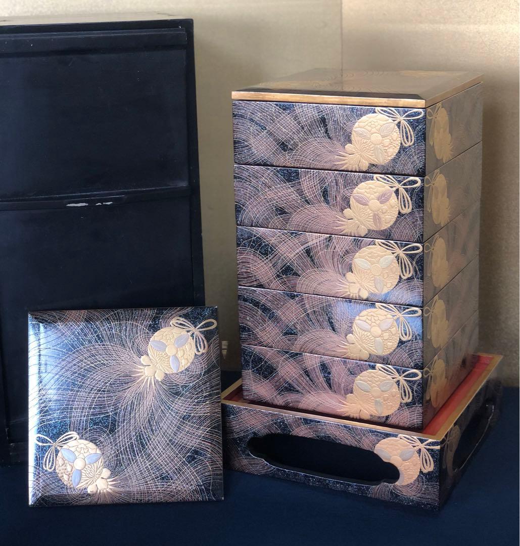 割引❗️《R》時代 黒内朱 梨地 蒔絵 五段重 替蓋 重台付 木箱251127お1