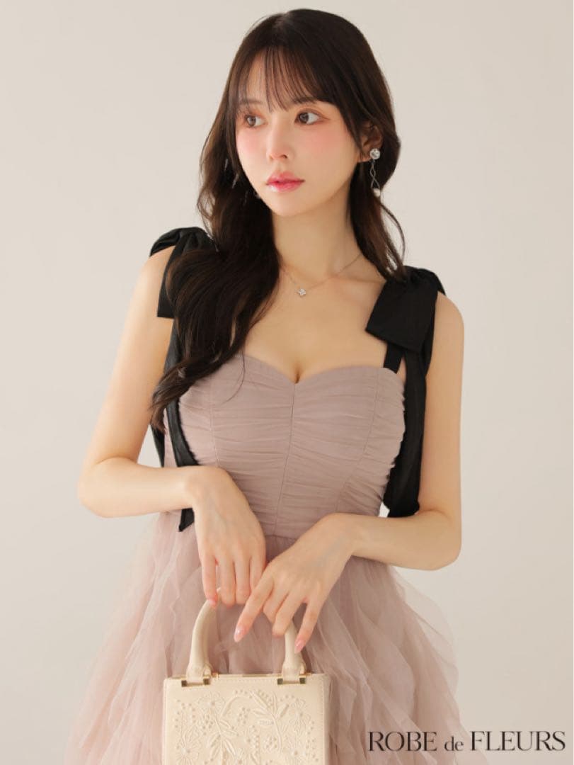 ROBE de FLEURSボリュームチュールショルダーリボンフレアロングドレス