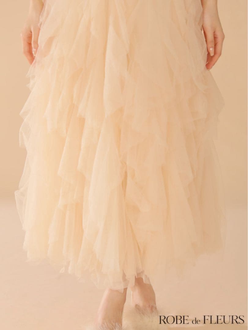 ROBE de FLEURSボリュームチュールショルダーリボンフレアロングドレス