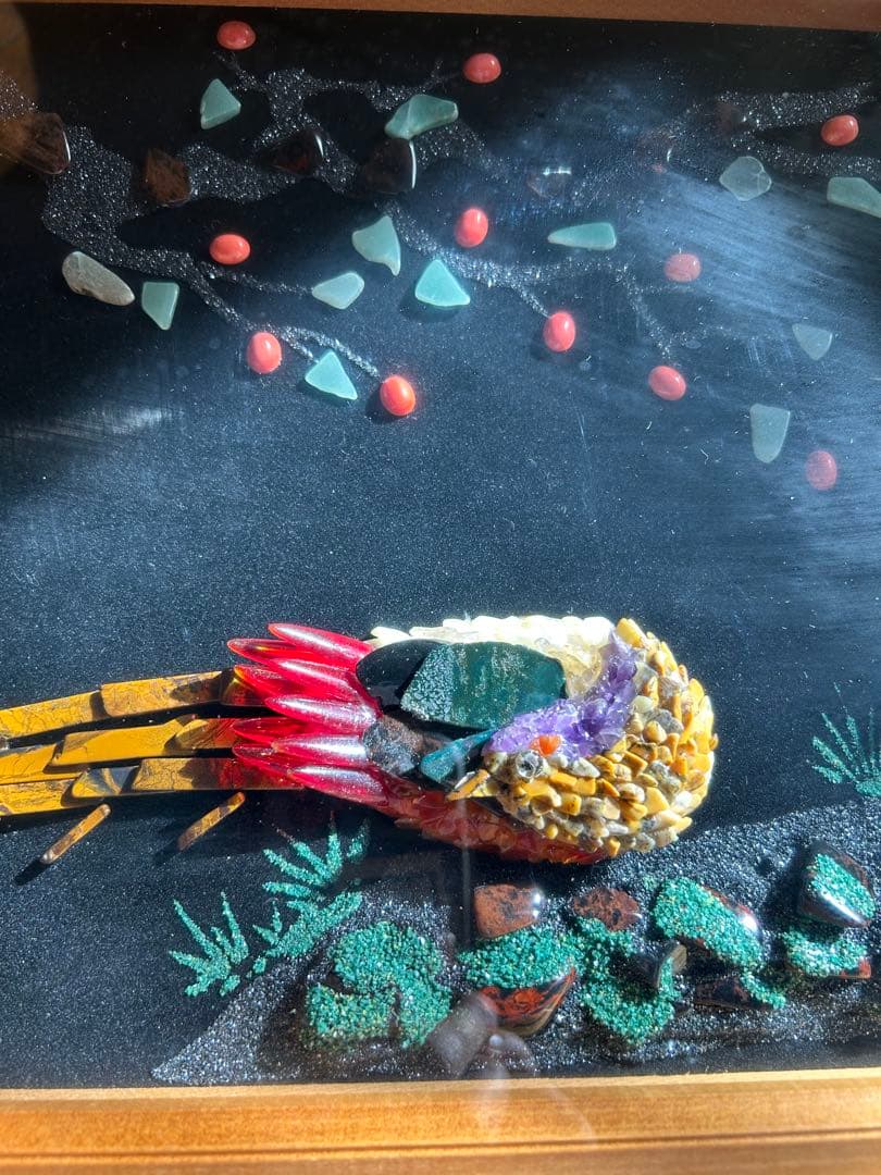 レトロ　芸術品　宝石画　貴石画　尊石画　孔雀　伝統　骨董品　昭和