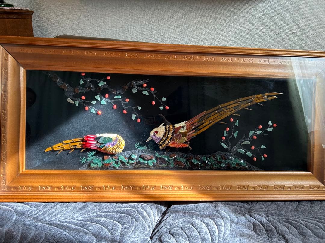レトロ　芸術品　宝石画　貴石画　尊石画　孔雀　伝統　骨董品　昭和
